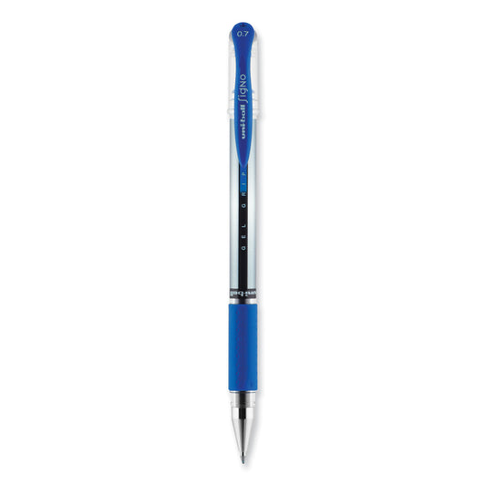 uni-ball Signo GRIP Gel Pen, Stick, Medium 0.7 mm, Blue Ink, Clear/Blue/Silver Barrel, Dozen (65451)