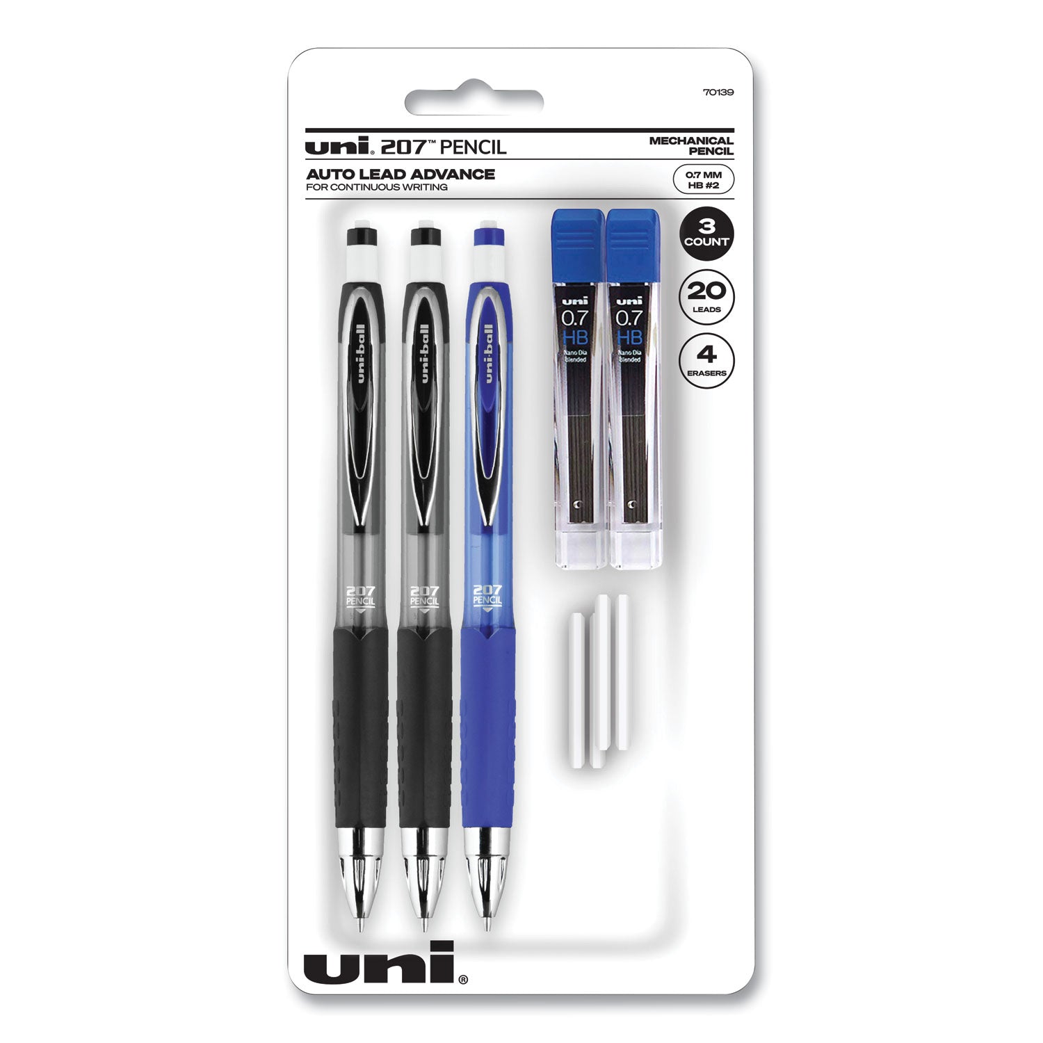 uni-ball 207 Mechanical Pencils with Tube of Lead/Erasers, 0.7 mm, HB (#2), Black Lead, Assorted Barrel Colors, 3 Pencils/Set (70139)