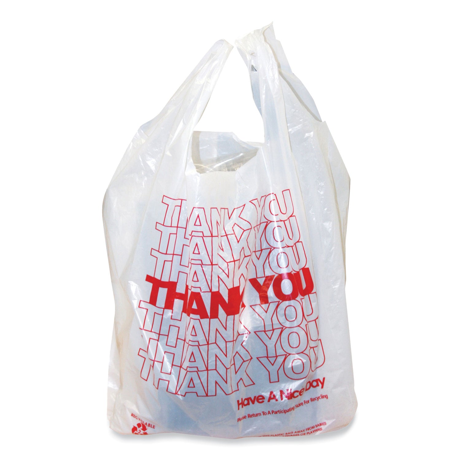 AmerCareRoyal Thank You Bags, Thank You - Have a Nice Day Labeling, Cut-Out Handles, 11.5" x 6.5" x 21", White/Red, 1,000/Carton (RPTYB6)