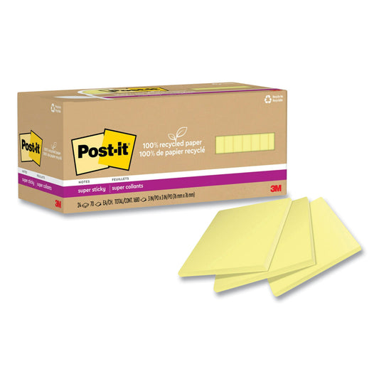 Post-it 100% Recycled Paper Super Sticky Notes, 3" x 3", Canary Yellow, 70 Sheets/Pad, 24 Pads/Pack (654R24SSCYCP)