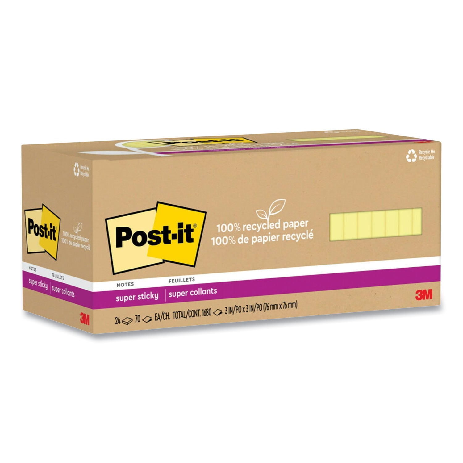 Post-it 100% Recycled Paper Super Sticky Notes, 3" x 3", Canary Yellow, 70 Sheets/Pad, 24 Pads/Pack (654R24SSCYCP)