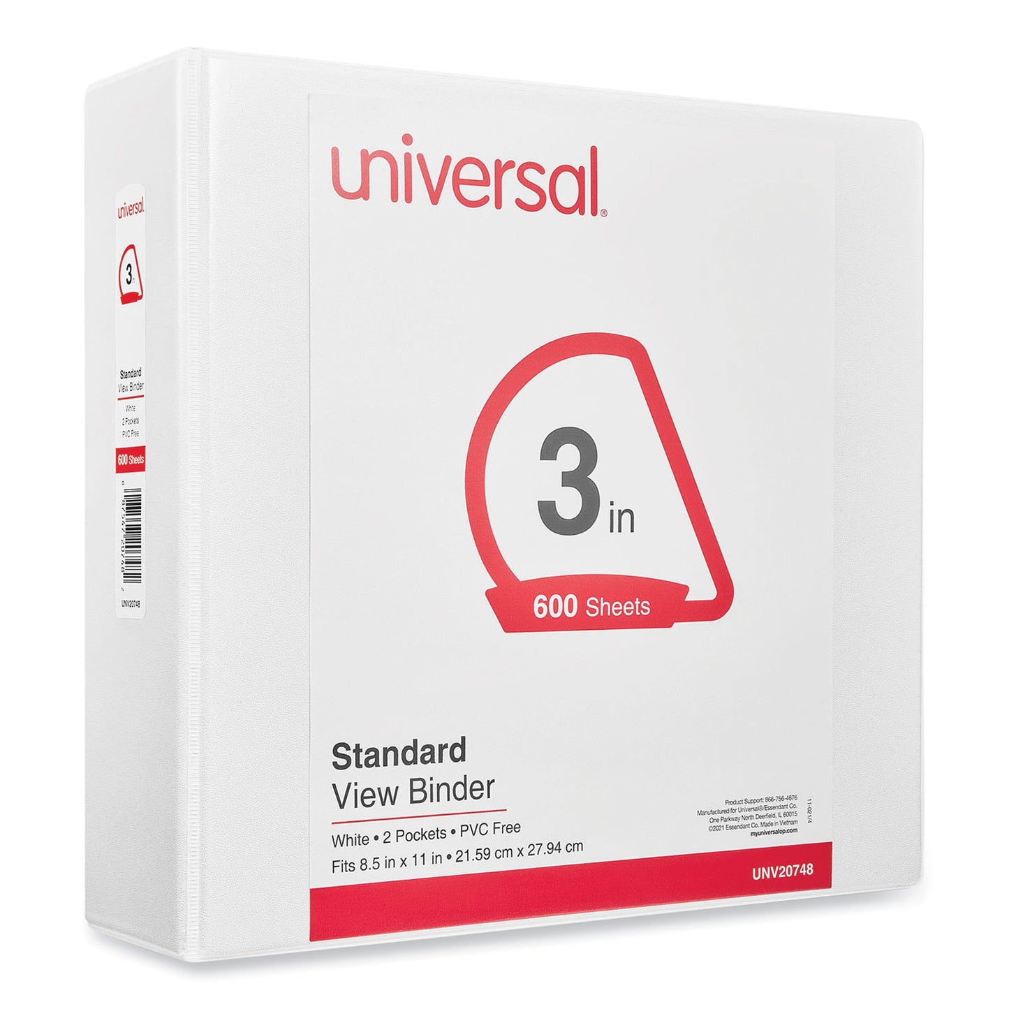 Universal Slant D-Ring View Binder, 3 Rings, 3" Capacity, 11 x 8.5, White (20748)