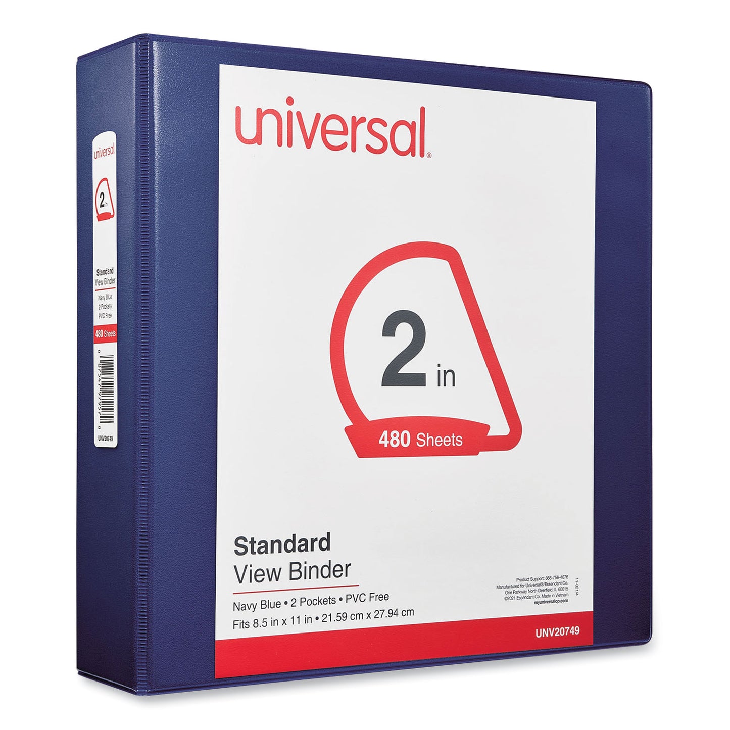 Universal Slant D-Ring View Binder, 3 Rings, 2" Capacity, 11 x 8.5, Navy Blue (20749)