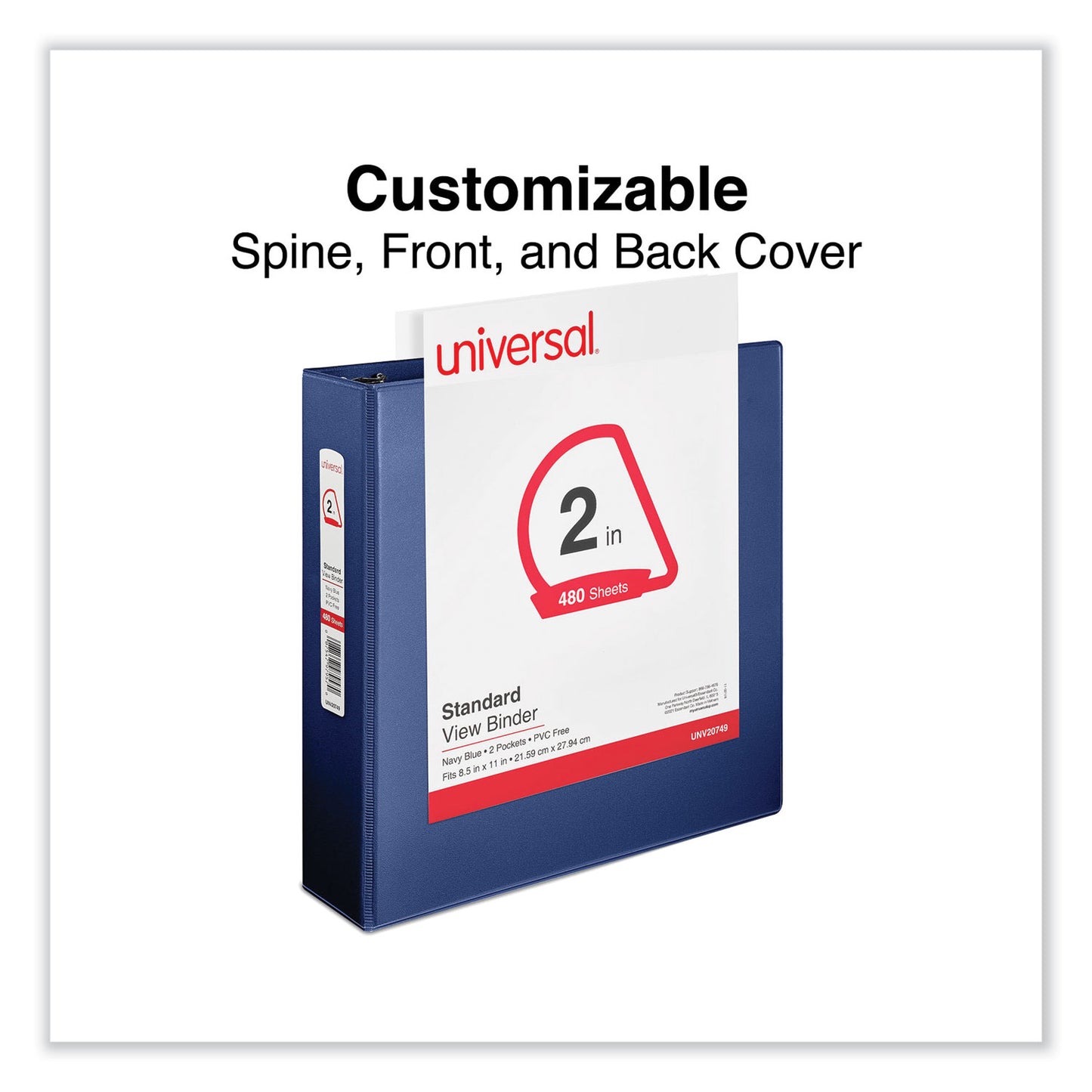 Universal Slant D-Ring View Binder, 3 Rings, 2" Capacity, 11 x 8.5, Navy Blue (20749)