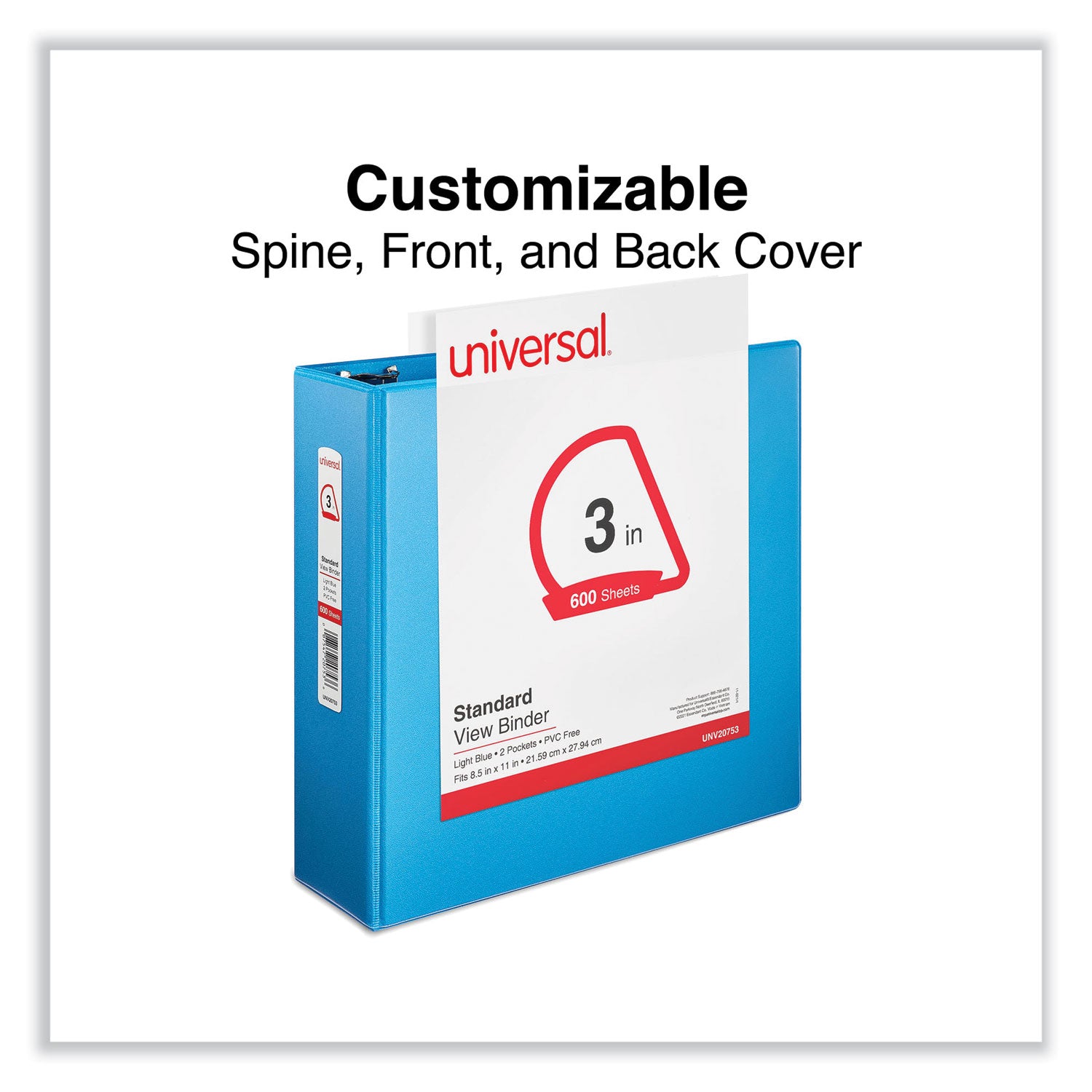 Universal Slant D-Ring View Binder, 3 Rings, 3" Capacity, 11 x 8.5, Light Blue (20753)
