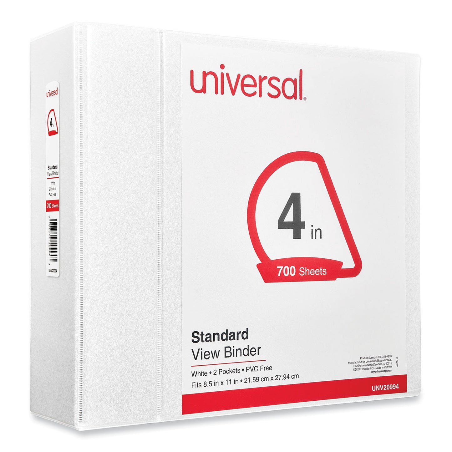 Universal Slant D-Ring View Binder, 3 Rings, 4" Capacity, 11 x 8.5, White (20994)