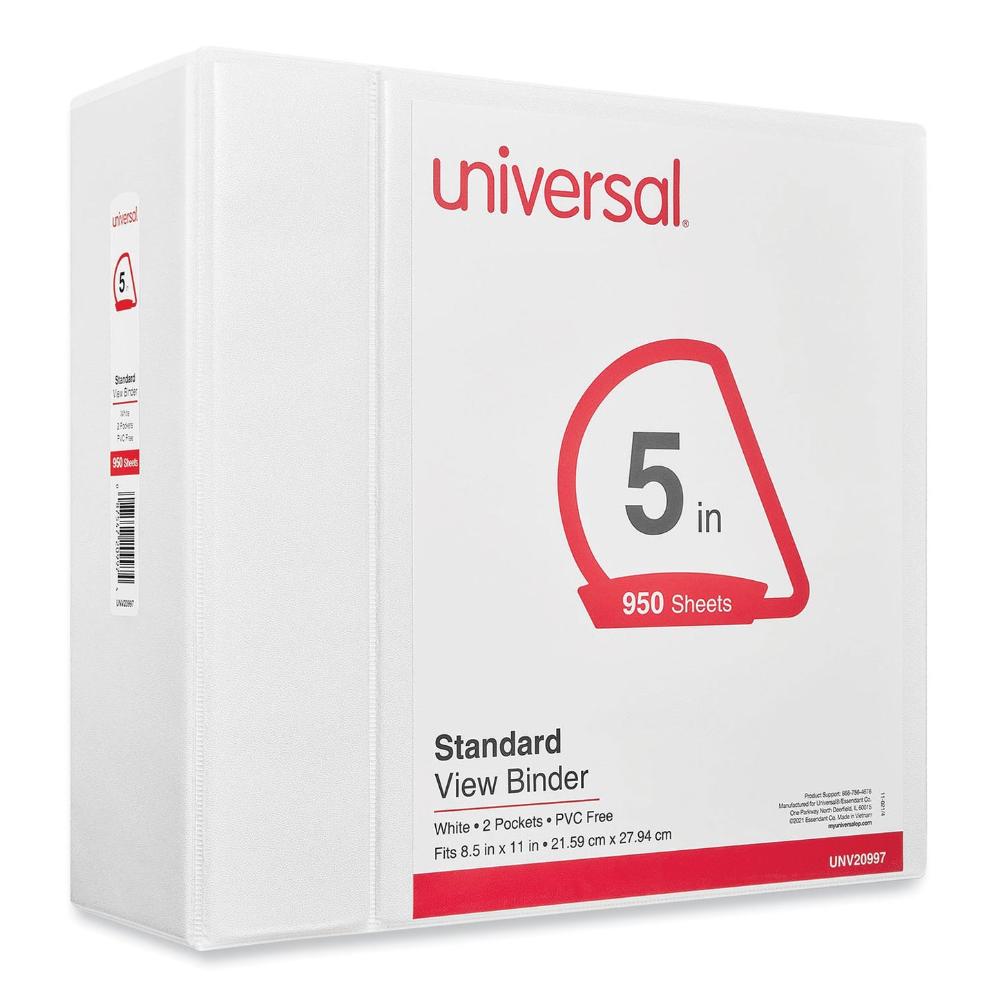 Universal Slant D-Ring View Binder, 3 Rings, 5" Capacity, 11 x 8.5, White (20997)