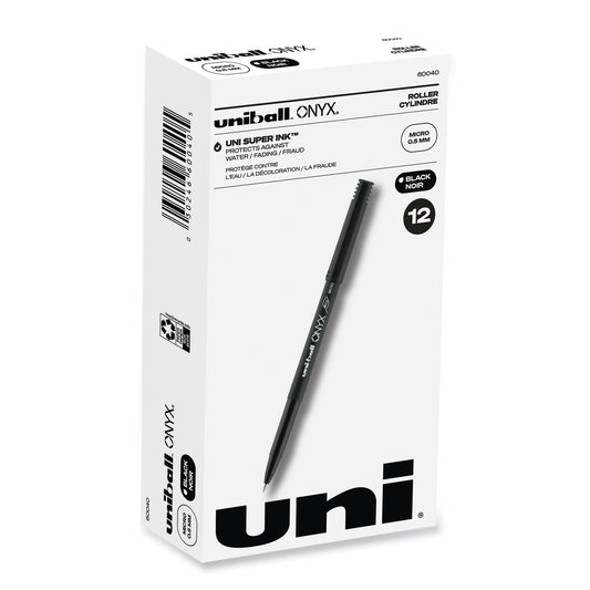 uni-ball ONYX Roller Ball Pen, Stick, Extra-Fine 0.5 mm, Black Ink, Black Barrel, Dozen (60040)