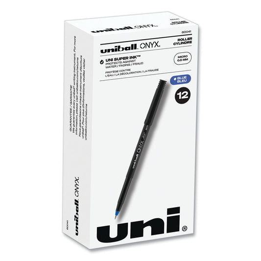 uni-ball ONYX Roller Ball Pen, Stick, Extra-Fine 0.5 mm, Blue Ink, Black/Blue Barrel, Dozen (60041)