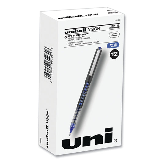 uni-ball VISION Roller Ball Pen, Stick, Extra-Fine 0.5 mm, Blue Ink, Gray/Blue/Clear Barrel, Dozen (60108)