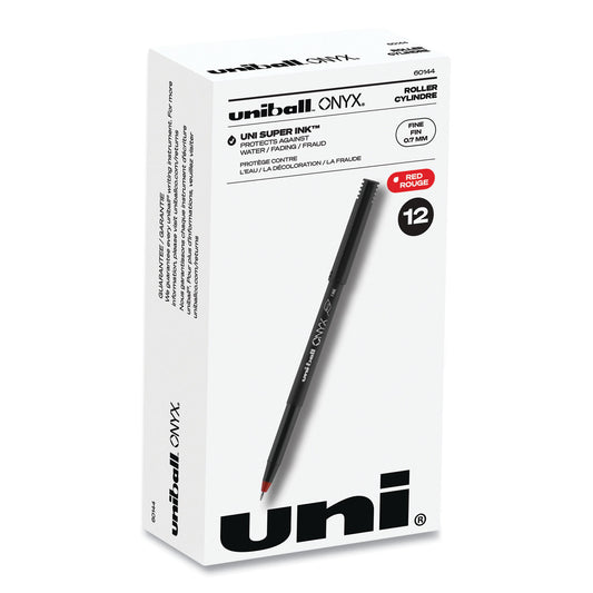 uni-ball ONYX Roller Ball Pen, Stick, Fine 0.7 mm, Red Ink, Black/Red Barrel, Dozen (60144)