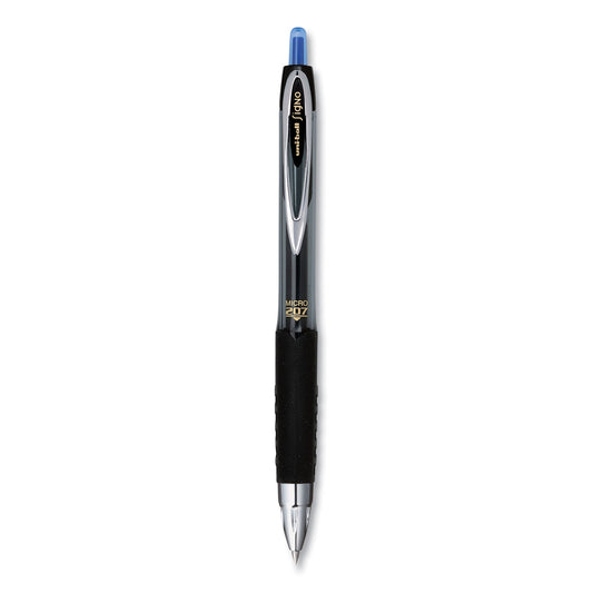 uni-ball Signo 207 Gel Pen, Retractable, Fine 0.5 mm, Blue Ink, Smoke/Black/Blue Barrel, Dozen (61256)