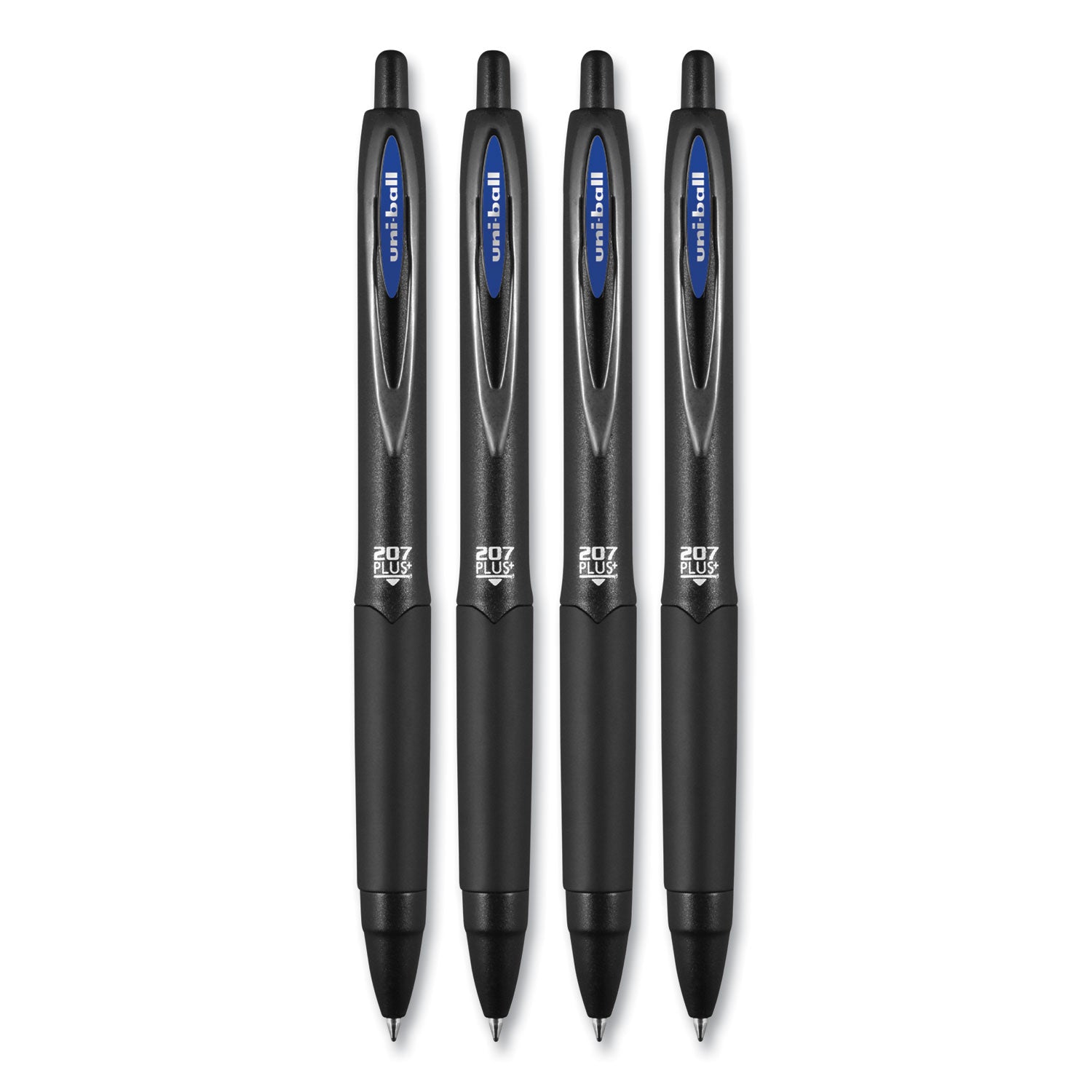 uni-ball 207 Plus+ Gel Pen, Retractable, Medium 0.7 mm, Blue Ink, Black Barrel, 4/Pack (70457)