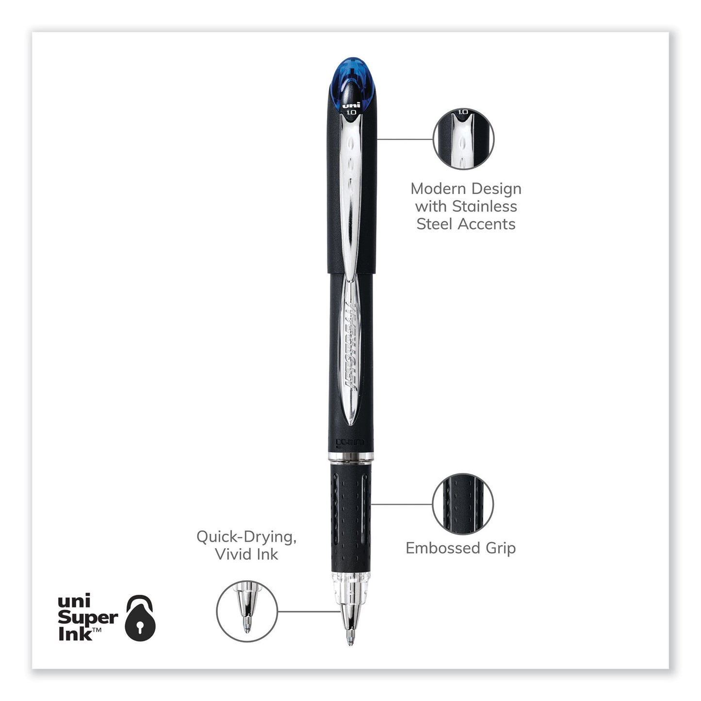 uni-ball Jetstream Stick Hybrid Gel Pen, Bold 1 mm, Blue Ink, Black/Silver/Blue Barrel (33922)