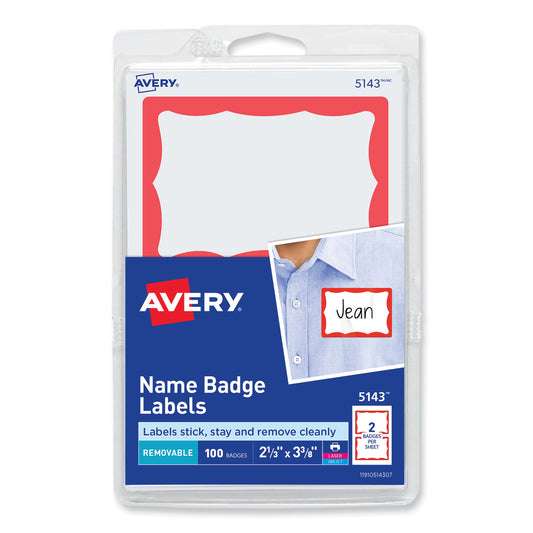 Avery Printable Adhesive Name Badges, 3.38 x 2.33, Red Border, 100/Pack (5143) - 18 Pack