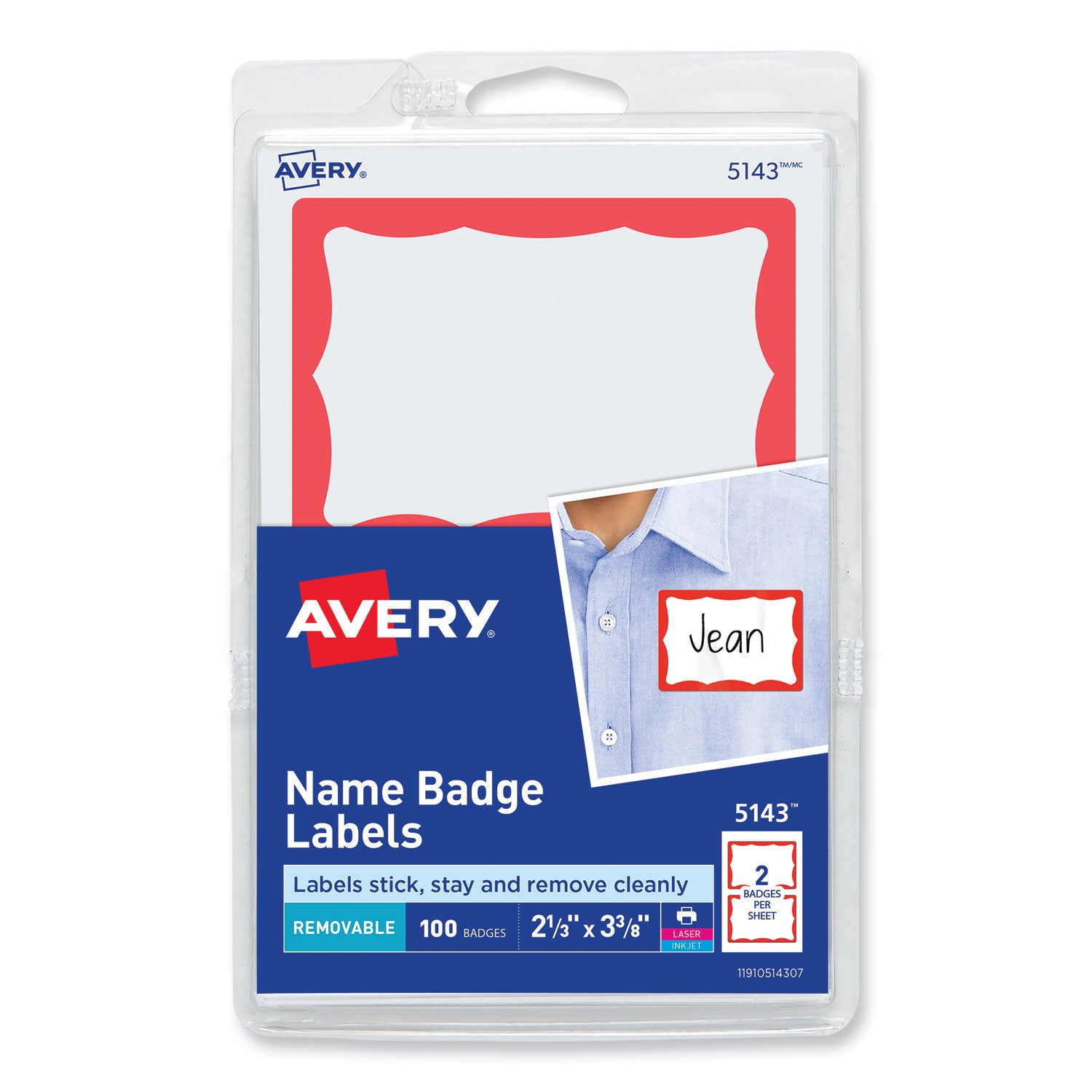 Avery Printable Adhesive Name Badges, 3.38 x 2.33, Red Border, 100/Pack (5143) - 6 Pack