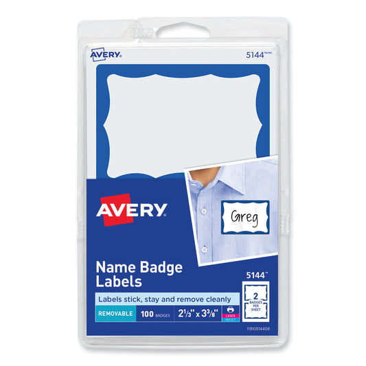 Avery Printable Adhesive Name Badges, 3.38 x 2.33, Blue Border, 100/Pack (5144) - 18 Pack