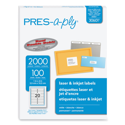 PRES-a-ply Labels, Laser Printers, 1 x 4, White, 20/Sheet, 100 Sheets/Box (30601)