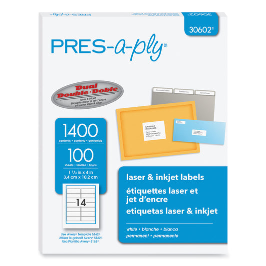 PRES-a-ply Labels, Laser Printers, 1.33 x 4, White, 14/Sheet, 100 Sheets/Box (30602)