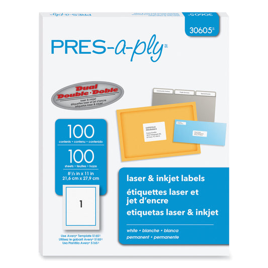 PRES-a-ply Labels, Laser Printers, 8.5 x 11, White, 100/Box (30605)