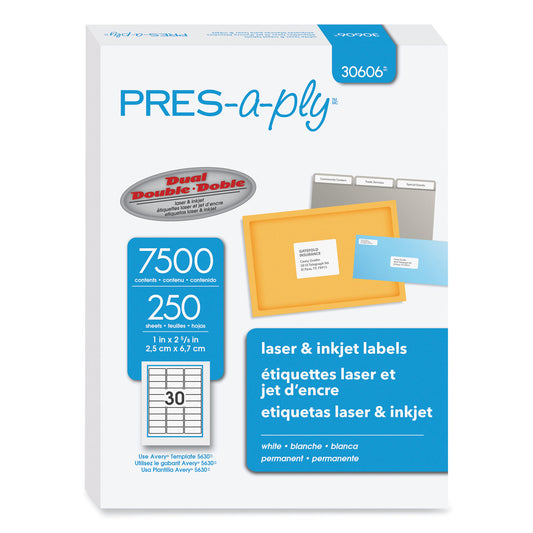 PRES-a-ply Labels, Laser Printers, 1 x 2.63, White, 30/Sheet, 250 Sheets/Box (30606)