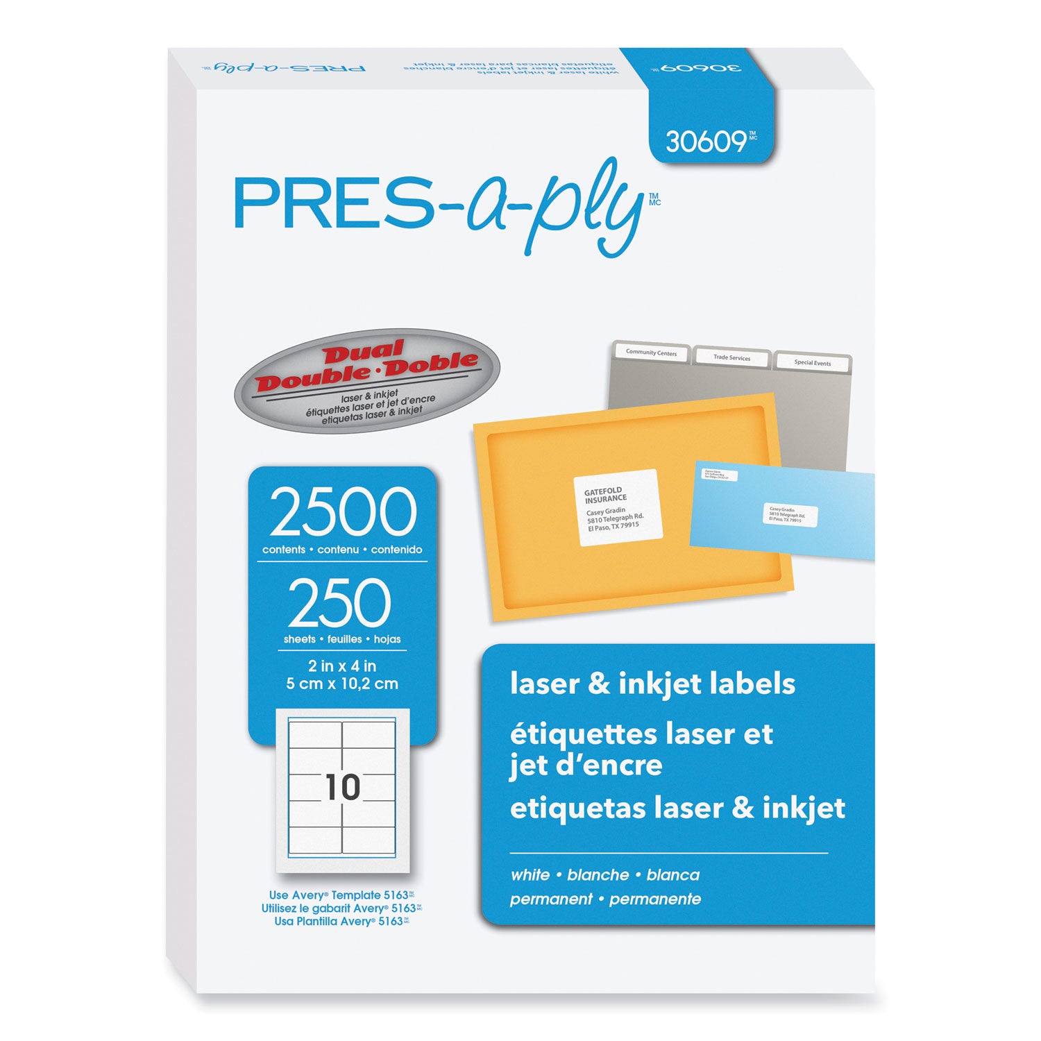 PRES-a-ply Labels, Laser Printers, 2 x 4, White, 10/Sheet, 250 Sheets/Box (30609)