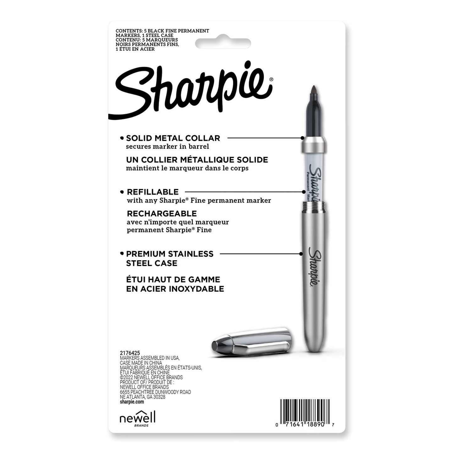 Sharpie Fine Tip Permanent Marker, Stainless Steel Single Marker Case, Fine Bullet Tip, Black, 5/Pack (2135418)