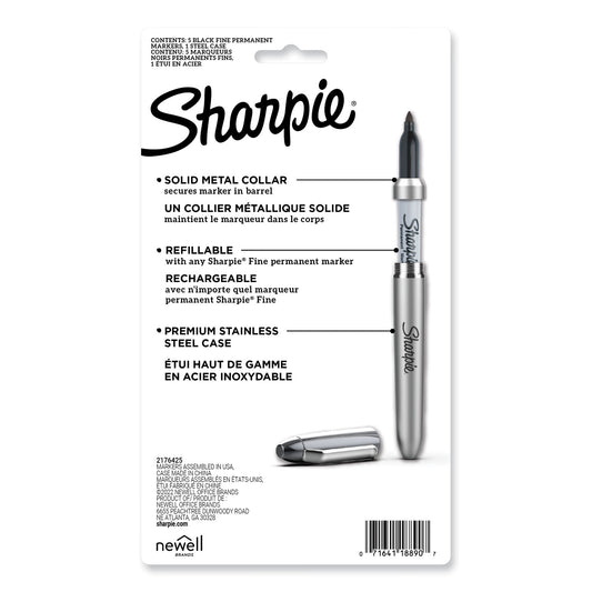 Sharpie Fine Tip Permanent Marker, Stainless Steel Single Marker Case, Fine Bullet Tip, Black, 5/Pack (2135418)