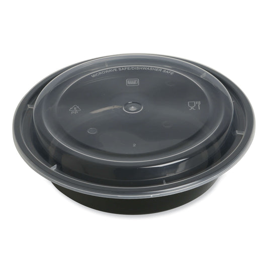 GEN Microwavable Food Container with Lid, Round, 24 oz, 7.28 x 7.28 x 1.96, Black/Clear, Plastic, 150/Carton (TORND24)