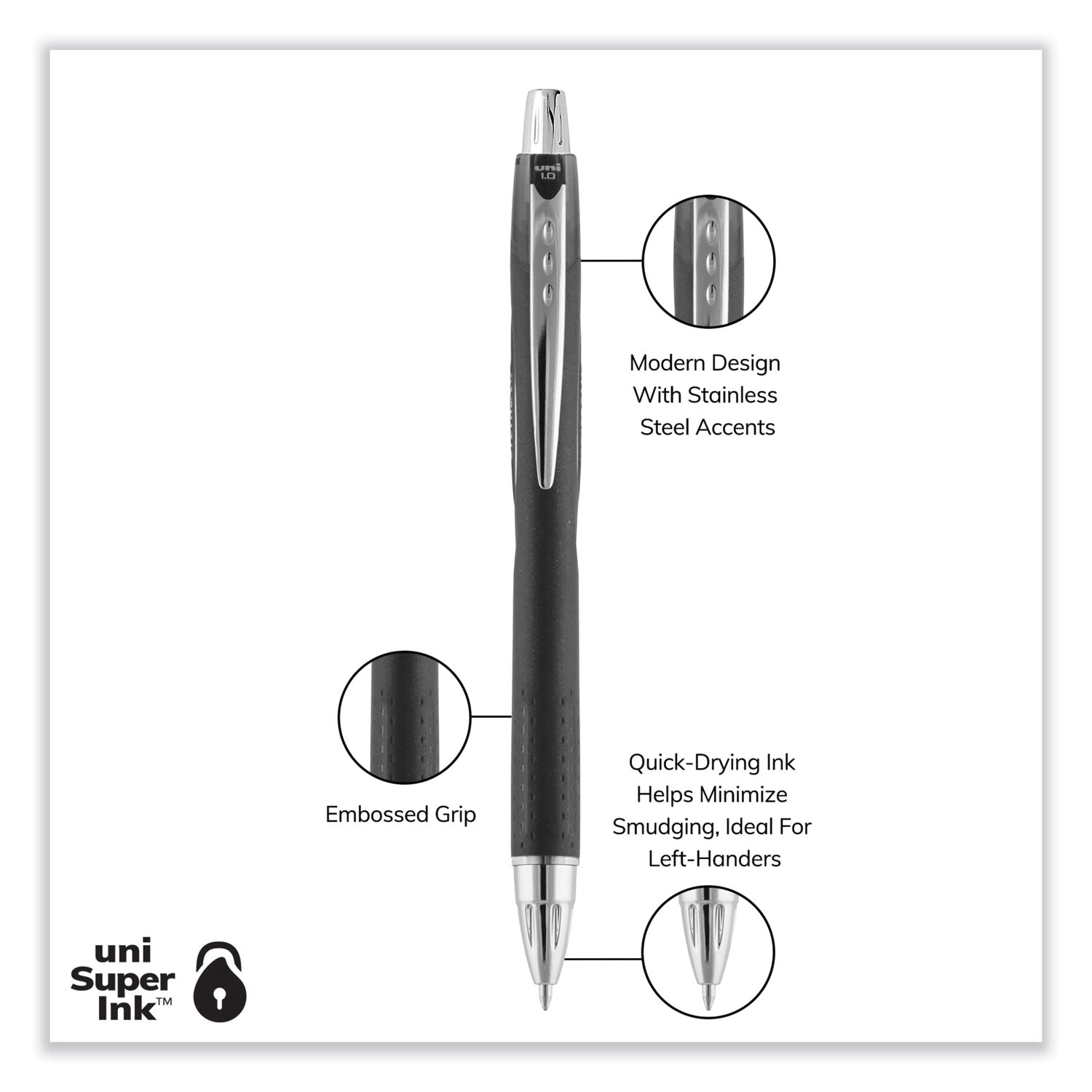 uni-ball Jetstream Retractable Hybrid Gel Pen, Bold 1 mm, Black Ink, Black/Silver Barrel (73832)