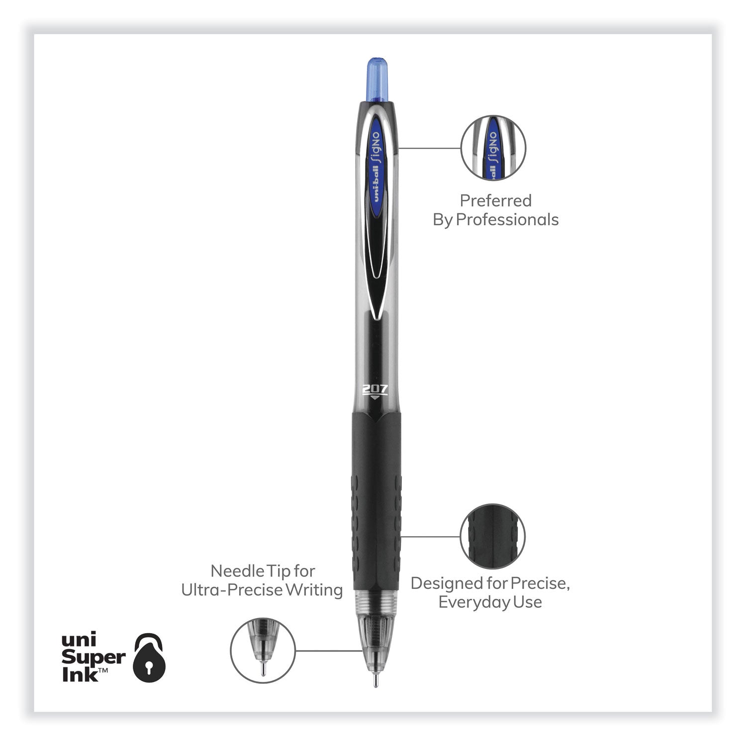 uni-ball Signo 207 Needle Point Gel Pen, Retractable, Medium 0.7 mm, Blue Ink, Clear/Black/Blue Barrel, Dozen (1736098)