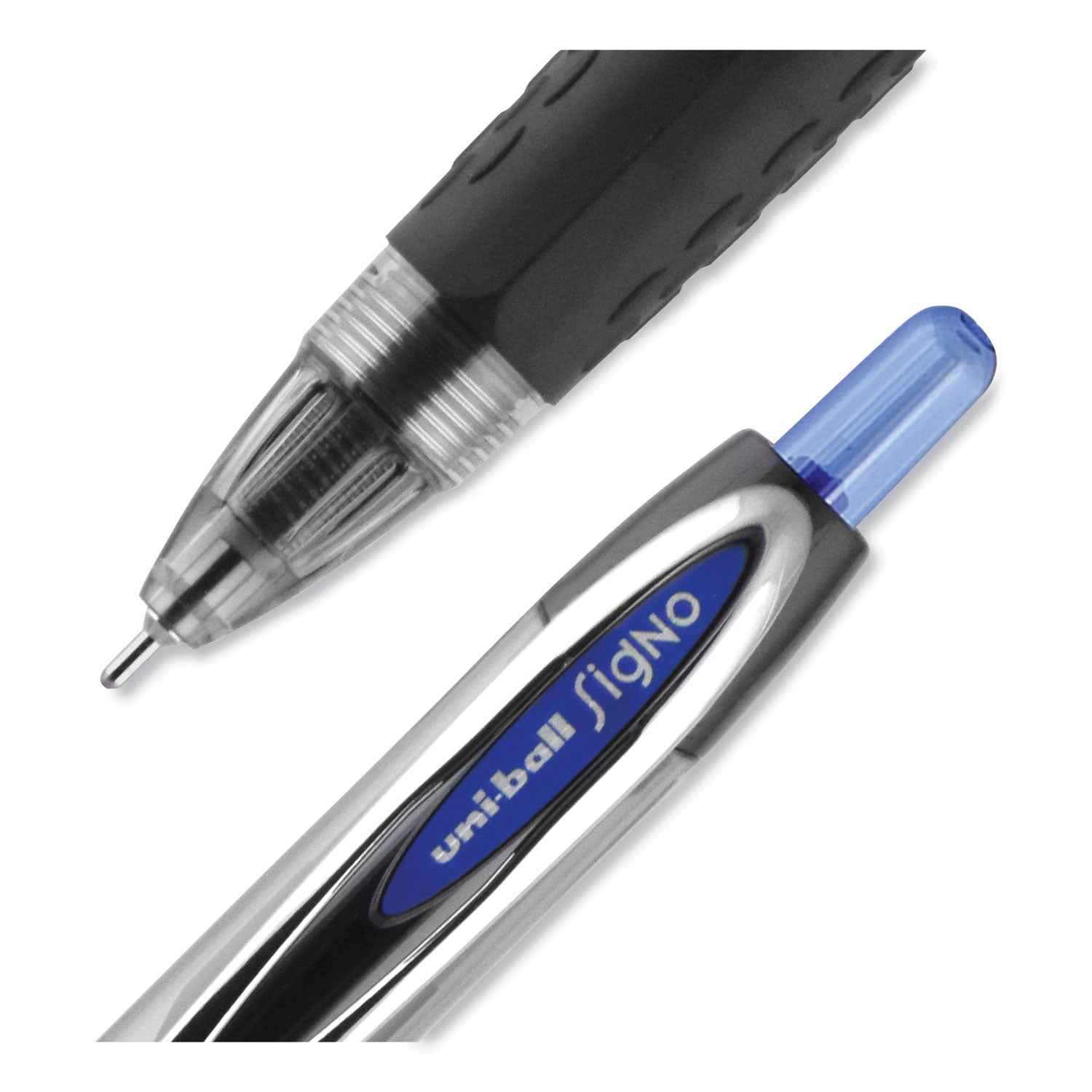 uni-ball Signo 207 Needle Point Gel Pen, Retractable, Medium 0.7 mm, Blue Ink, Clear/Black/Blue Barrel, Dozen (1736098)