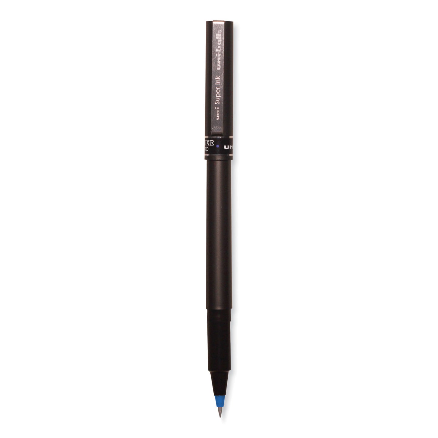 uni-ball Deluxe Roller Ball Pen, Stick, Extra-Fine 0.5 mm, Blue Ink, Metallic Gray/Black/Blue Barrel, Dozen (60027)