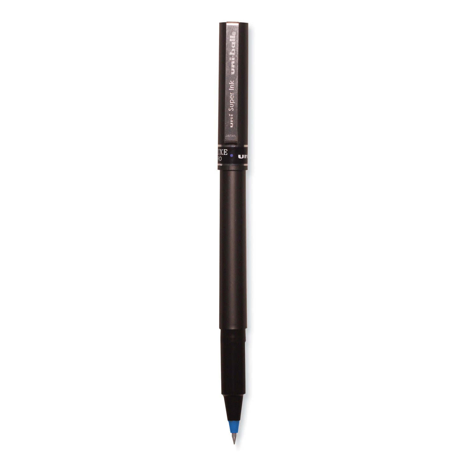 uni-ball Deluxe Roller Ball Pen, Stick, Extra-Fine 0.5 mm, Blue Ink, Metallic Gray/Black/Blue Barrel, Dozen (60027)