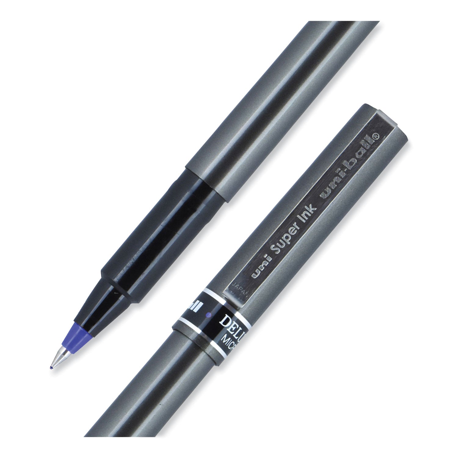 uni-ball Deluxe Roller Ball Pen, Stick, Extra-Fine 0.5 mm, Blue Ink, Metallic Gray/Black/Blue Barrel, Dozen (60027)