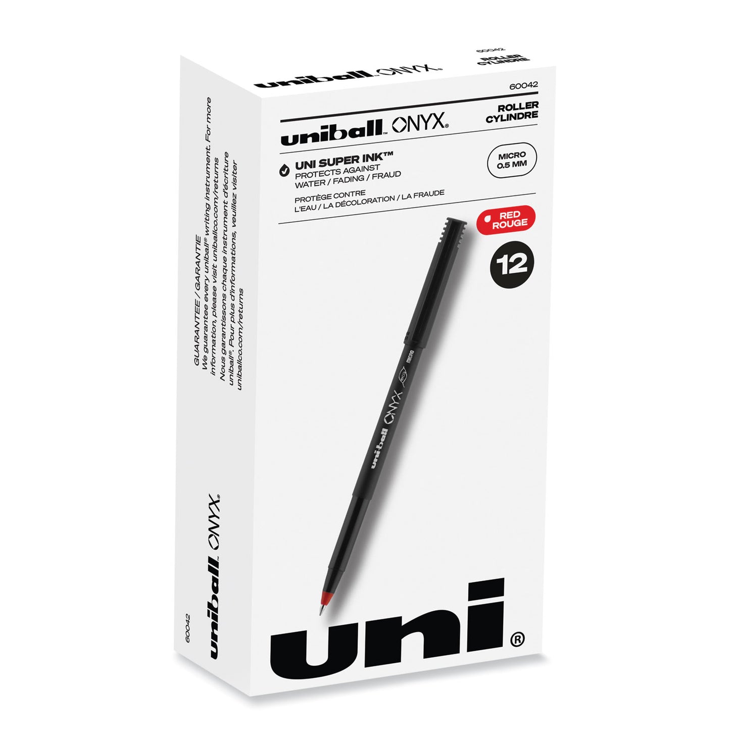uni-ball ONYX Roller Ball Pen, Stick, Extra-Fine 0.5 mm, Red Ink, Black/Red Barrel, Dozen (60042)