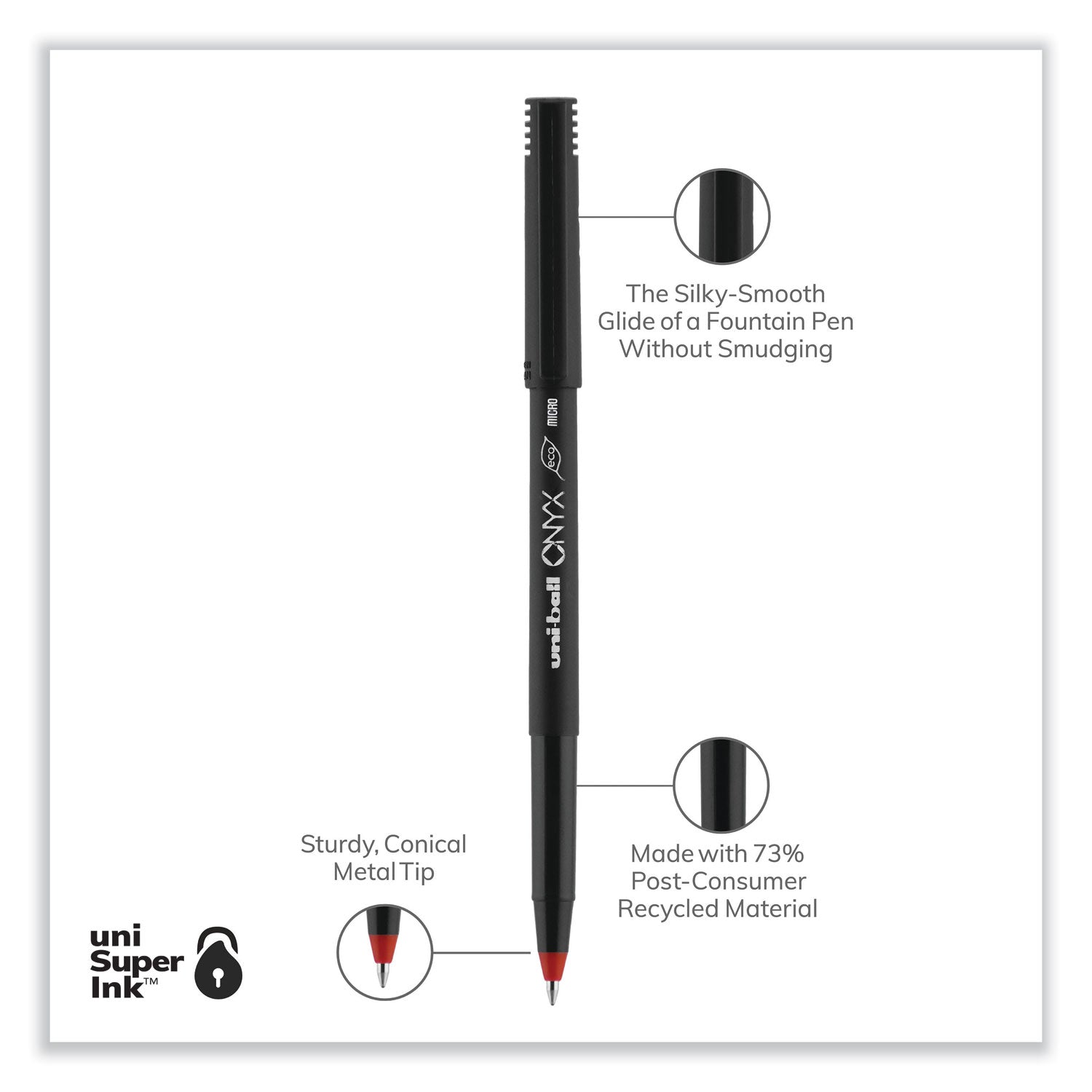 uni-ball ONYX Roller Ball Pen, Stick, Extra-Fine 0.5 mm, Red Ink, Black/Red Barrel, Dozen (60042)