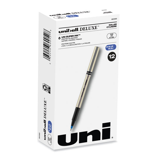 uni-ball Deluxe Roller Ball Pen, Stick, Fine 0.7 mm, Blue Ink, Champagne/Black/Blue Barrel, Dozen (60053)