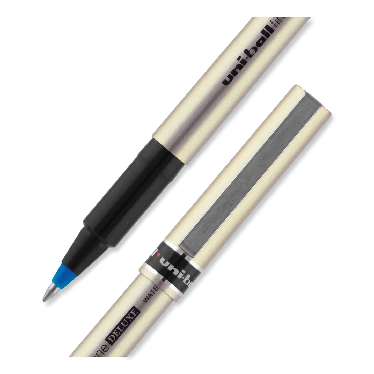 uni-ball Deluxe Roller Ball Pen, Stick, Fine 0.7 mm, Blue Ink, Champagne/Black/Blue Barrel, Dozen (60053)