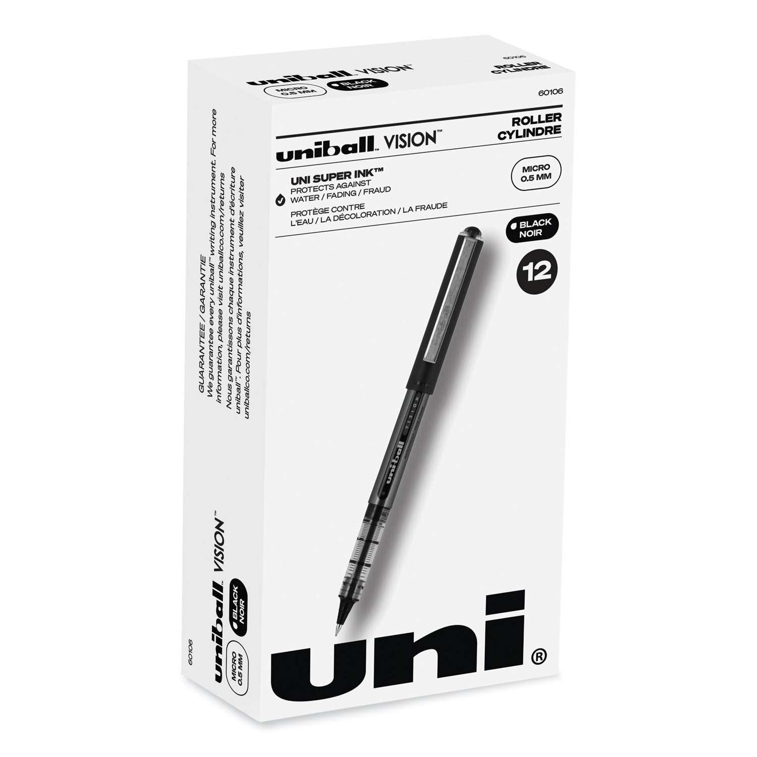 uni-ball VISION Roller Ball Pen, Stick, Extra-Fine 0.5 mm, Black Ink, Gray/Black/Clear Barrel, Dozen (60106)