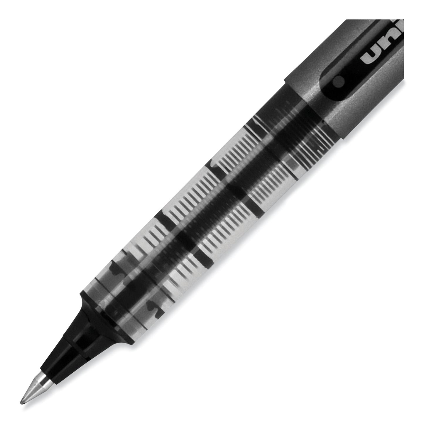 uni-ball VISION Roller Ball Pen, Stick, Extra-Fine 0.5 mm, Black Ink, Gray/Black/Clear Barrel, Dozen (60106)