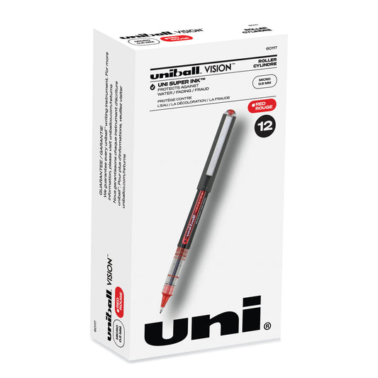 uni-ball VISION Roller Ball Pen, Stick, Extra-Fine 0.5 mm, Red Ink, Gray/Red Barrel, Dozen (60117)