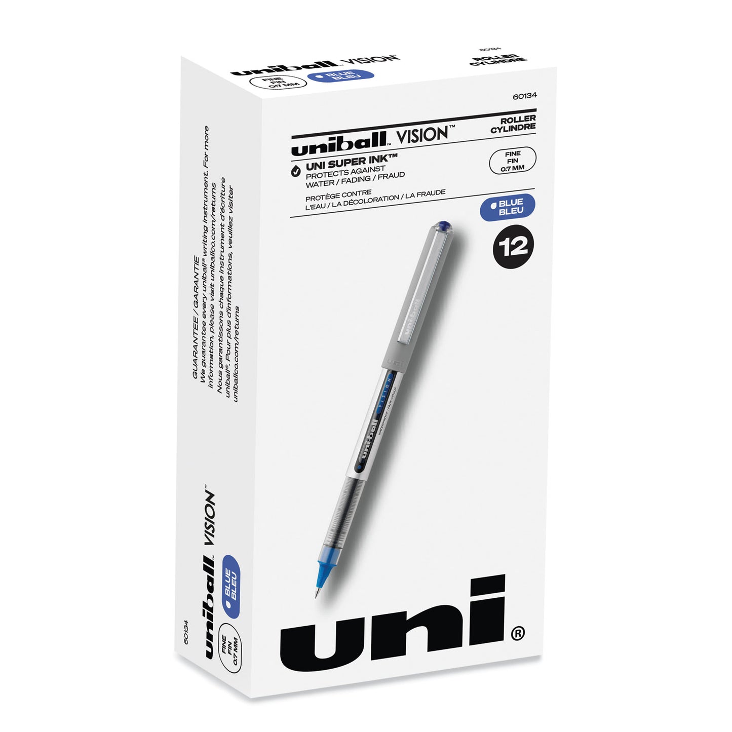 uni-ball VISION Roller Ball Pen, Stick, Fine 0.7 mm, Blue Ink, Silver/Blue/Clear Barrel, Dozen (60134)