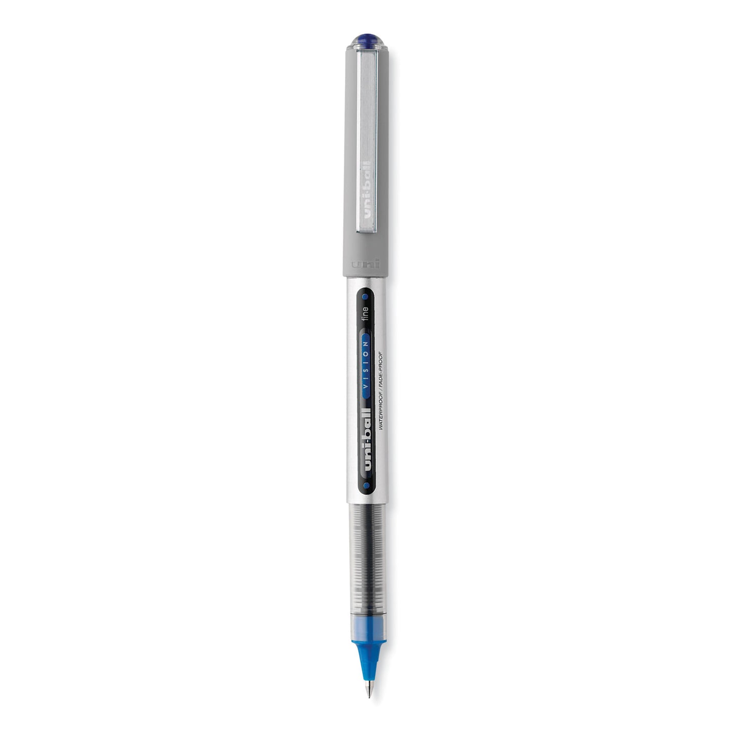 uni-ball VISION Roller Ball Pen, Stick, Fine 0.7 mm, Blue Ink, Silver/Blue/Clear Barrel, Dozen (60134)