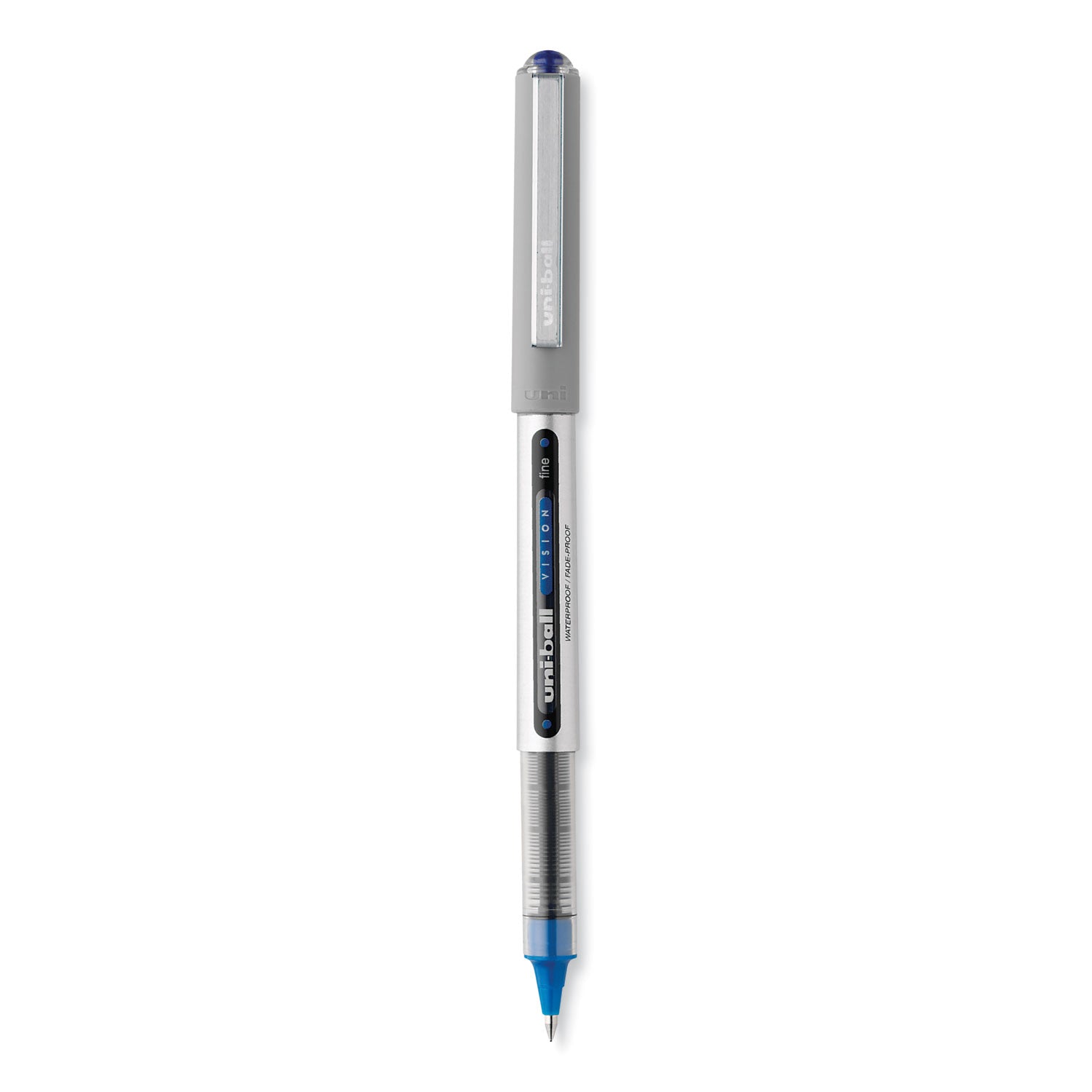 uni-ball VISION Roller Ball Pen, Stick, Fine 0.7 mm, Blue Ink, Silver/Blue/Clear Barrel, Dozen (60134)