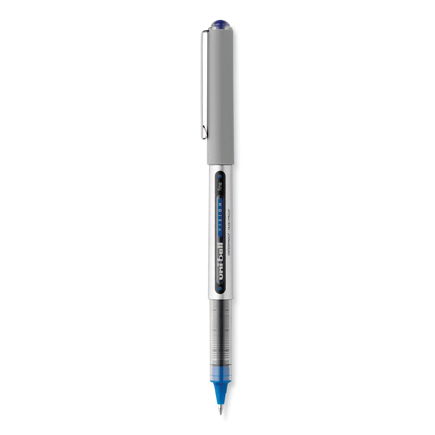 uni-ball VISION Roller Ball Pen, Stick, Fine 0.7 mm, Blue Ink, Silver/Blue/Clear Barrel, Dozen (60134)