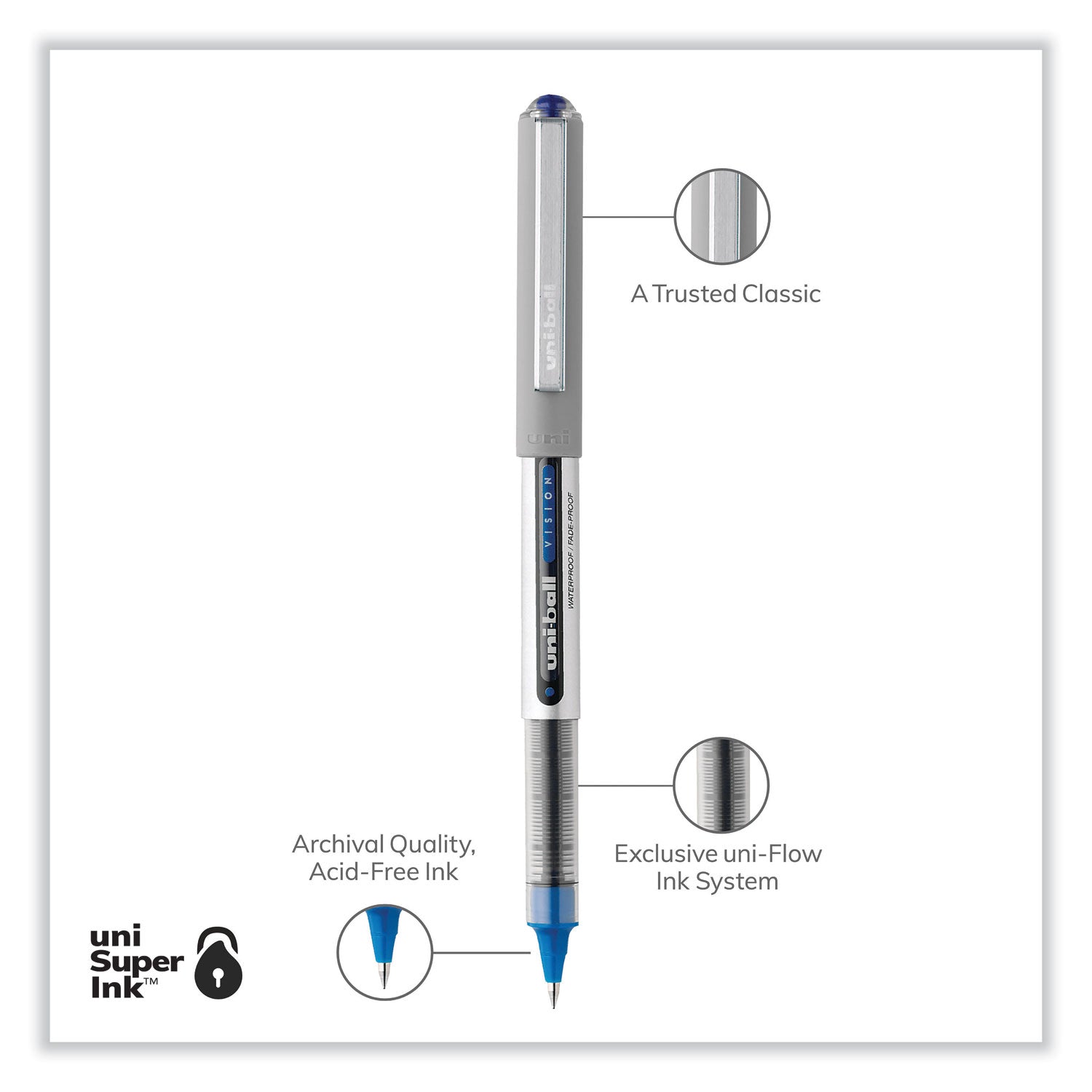 uni-ball VISION Roller Ball Pen, Stick, Fine 0.7 mm, Blue Ink, Silver/Blue/Clear Barrel, Dozen (60134)
