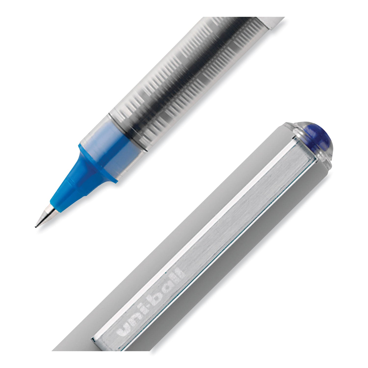 uni-ball VISION Roller Ball Pen, Stick, Fine 0.7 mm, Blue Ink, Silver/Blue/Clear Barrel, Dozen (60134)
