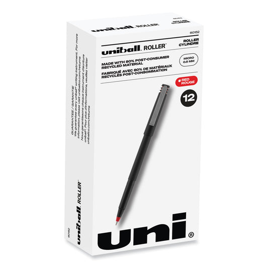 uni-ball Roller Ball Pen, Stick, Extra-Fine 0.5 mm, Red Ink, Black/Red Barrel, Dozen (60152)