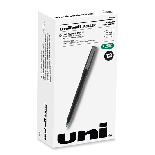 uni-ball Roller Ball Pen, Stick, Extra-Fine 0.5 mm, Green Ink, Black/Green Barrel, Dozen (60154)